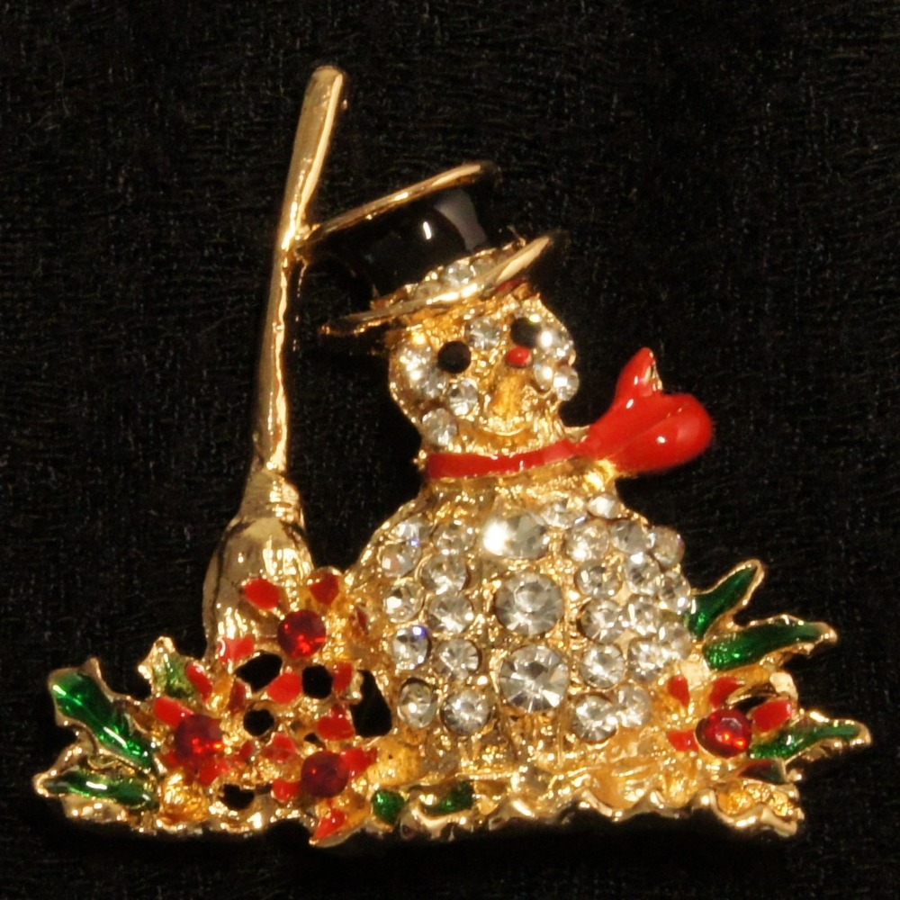 Rhinestone Snowman Brooch Holly Broom Scarf Christmas‎ Pin Gold Tone